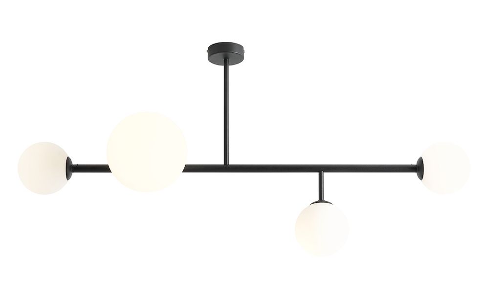 Podłużna sufitowa lampa Dione 4 z kulistymi kloszami w czarnym kolorze