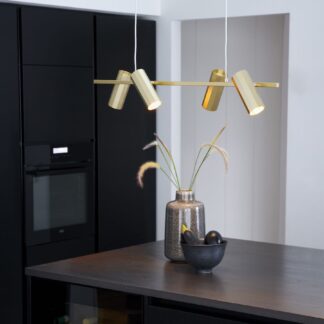 Nowoczesna złota lampa wisząca Alanis z czterema reflektorami