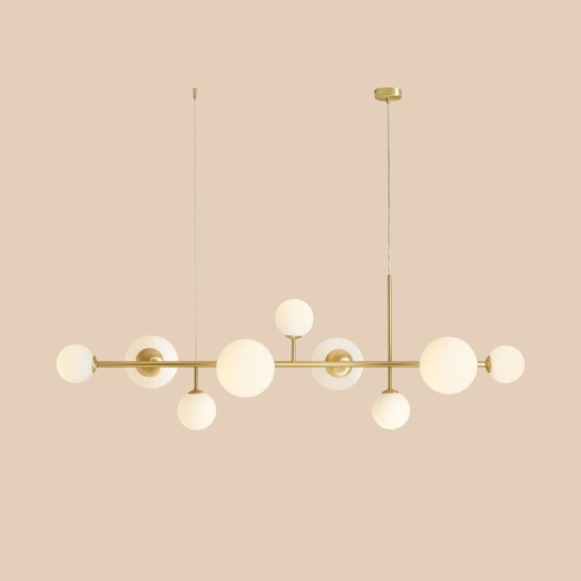 Stylowa lampa wisząca Dione 9 w odcieniu mosiądzu, idealna do salonu