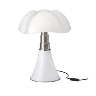 Biała, stołowa lampa Minipipistrello z wbudowanym oświetleniem LED i regulacją jasności