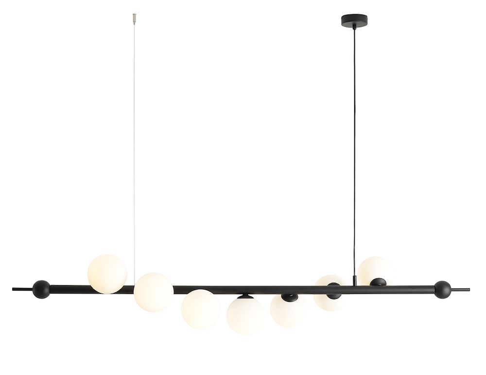 Czarna lampa wisząca Wave 7 z białymi kloszami, w dużym rozmiarze