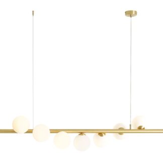 Złota wisząca lampa Wave 7 z kloszami z mlecznego szkła