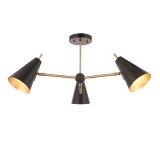 Lampa sufitowa Dazzle w stylu mid-century modern z trzema stożkowymi kloszami w czarno-złotym wykończeniu