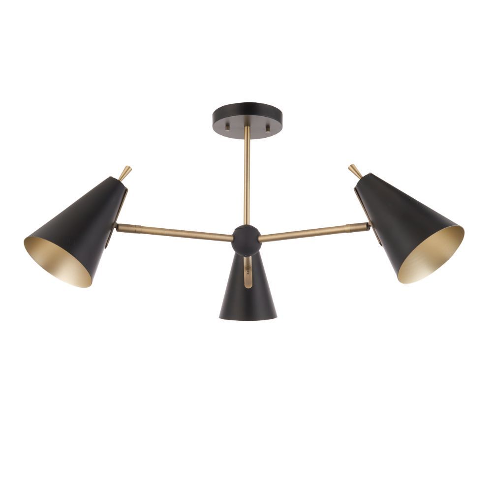 Lampa sufitowa Dazzle w stylu mid-century modern z trzema stożkowymi kloszami w czarno-złotym wykończeniu
