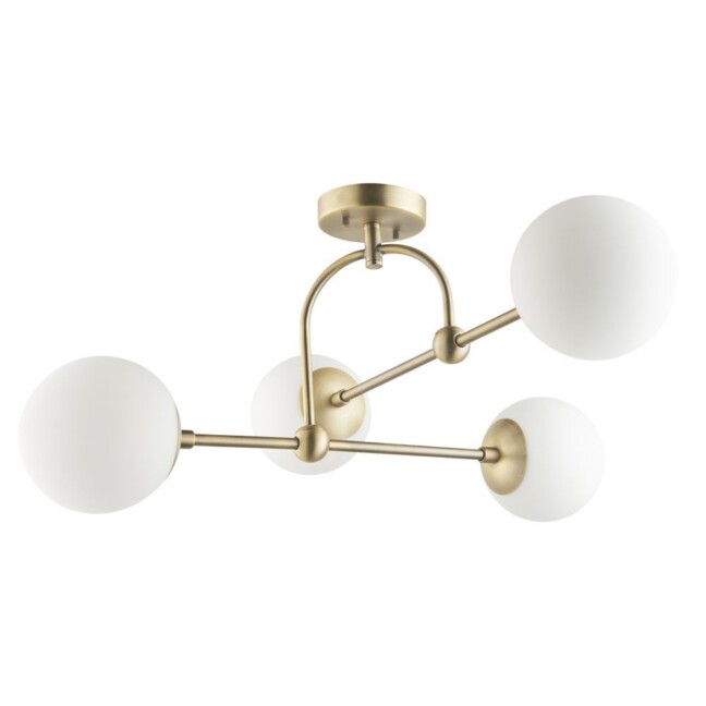 Złota lampa sufitowa Iris w stylu art deco z czterema białymi szklanymi kloszami na regulowanych ramionach do salonu sypialni.