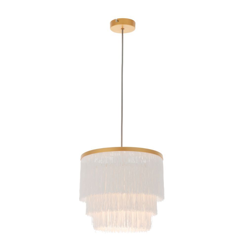 Złota wisząca lampa Alabaster z białymi sznureczkami