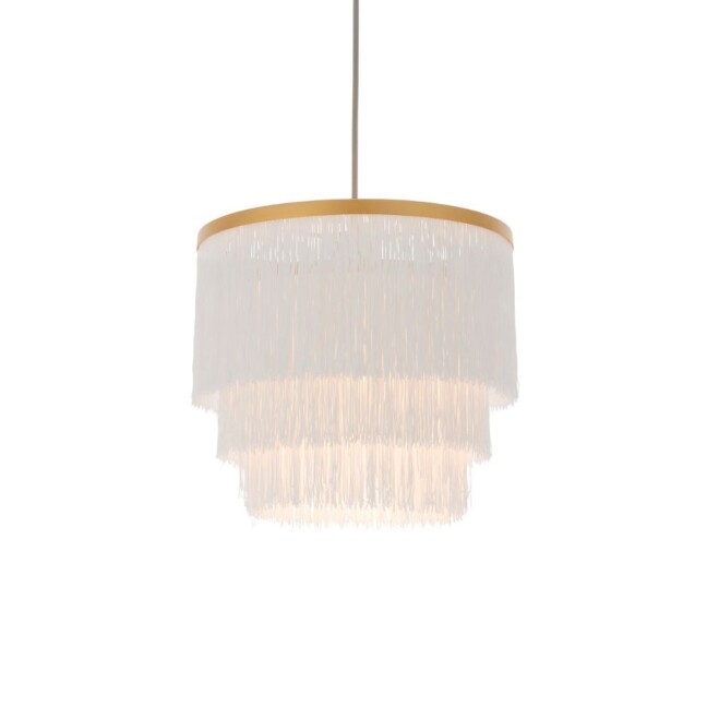 Złota wisząca lampa Alabaster z białymi sznureczkami