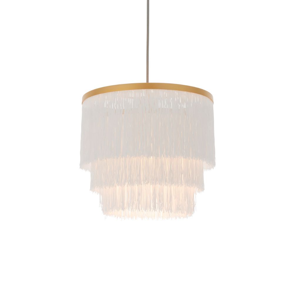 Złota wisząca lampa Alabaster z białymi sznureczkami