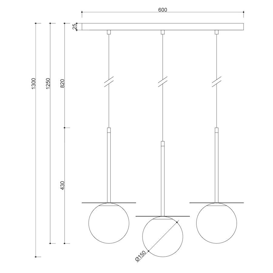 Złota wisząca lampa Borra B 3L z trzema szklanymi kloszami w odcieniu mosiądzu