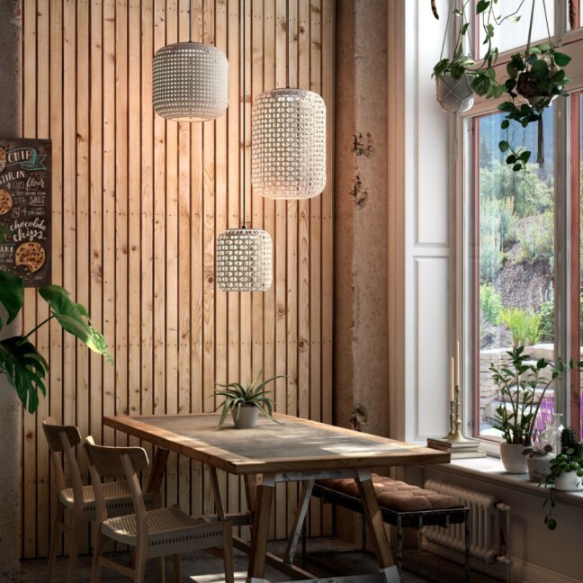 Beżowa wisząca lampa Nans S/3L z ażurowymi kloszami
