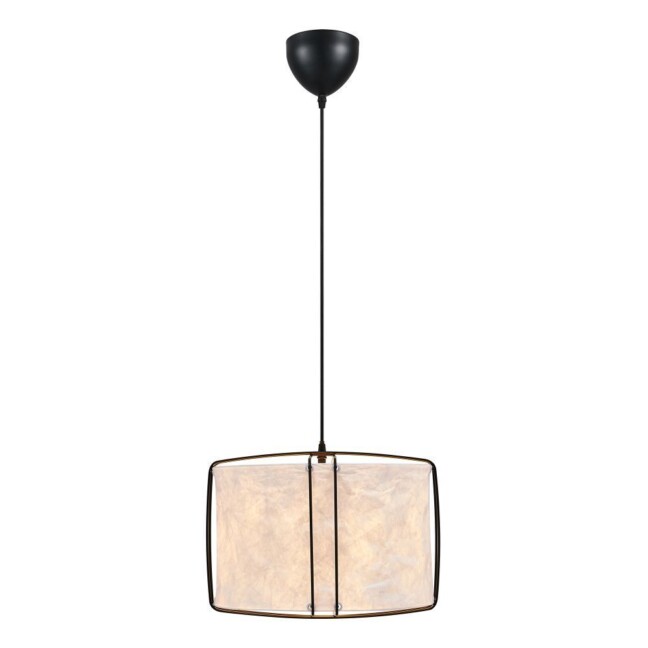 Elegancka lampa wisząca Cardine 30 z białym, papierowym kloszem w kształcie prostokąta obramowanym czarną metalową ramą, zawieszona na czarnym przewodzie z półokrągłym uchwytem sufitowym.