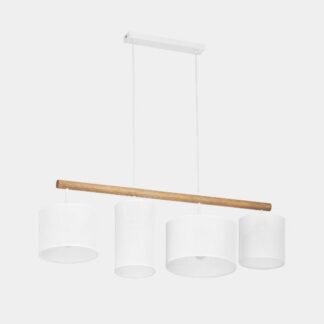 Wisząca lampa Deva z białymi abażurami na drewnianej listwie