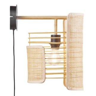 Kinkiet bambusowy z rattanowym abażurem do łazienki, lampa ścienna boho nad lustro z czarną podstawą E27 i drewnianym ramieniem.