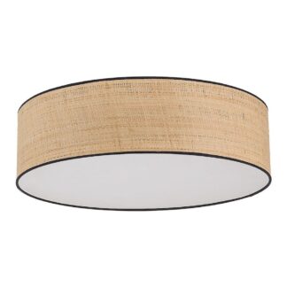 Okrągły plafon sufitowy z naturalnym jutowym abażurem i czarną ramą z białym dnem na jasnym tle.