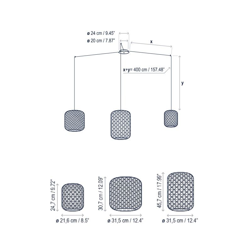 Czerwona lampa wisząca Nans S/3L z trzema kloszami