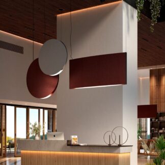 Wisząca szara lampa akustyczna Noren S/85 z oświetleniem skierowanym w dół