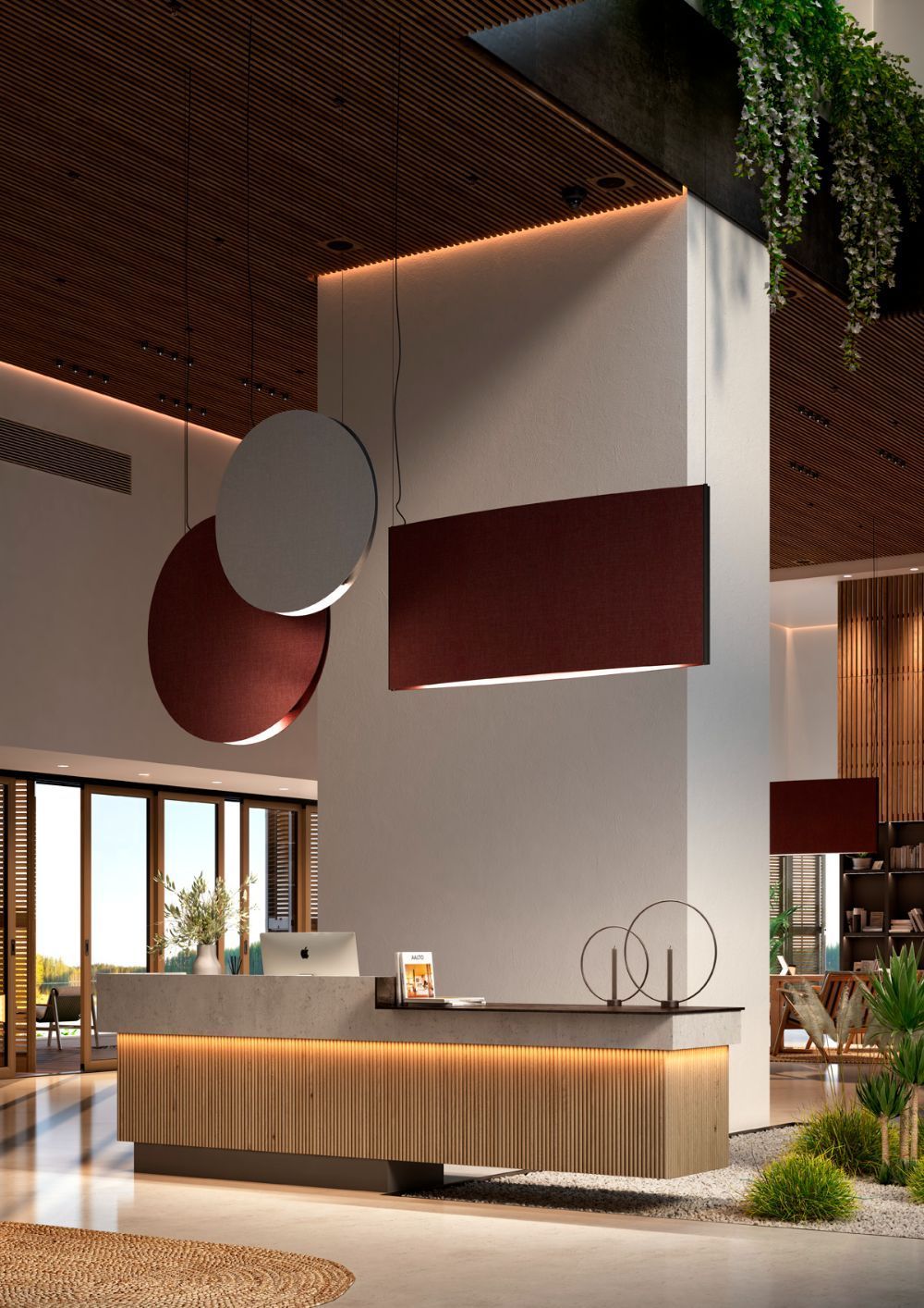 Jasnoszara wisząca lampa Noren S/85 emitująca światło w górę i w dół