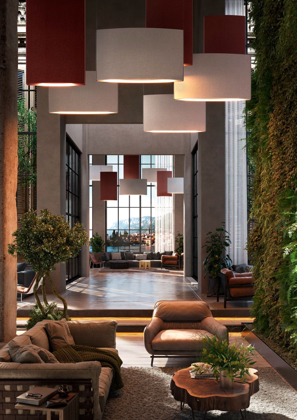 Akustyczna lampa wisząca Noren S/72 w kolorze terracota o pionowym kształcie