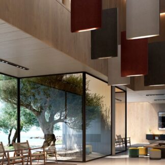 Akustyczna, pionowa lampa wisząca Noren S/72 w jasnym szarym kolorze