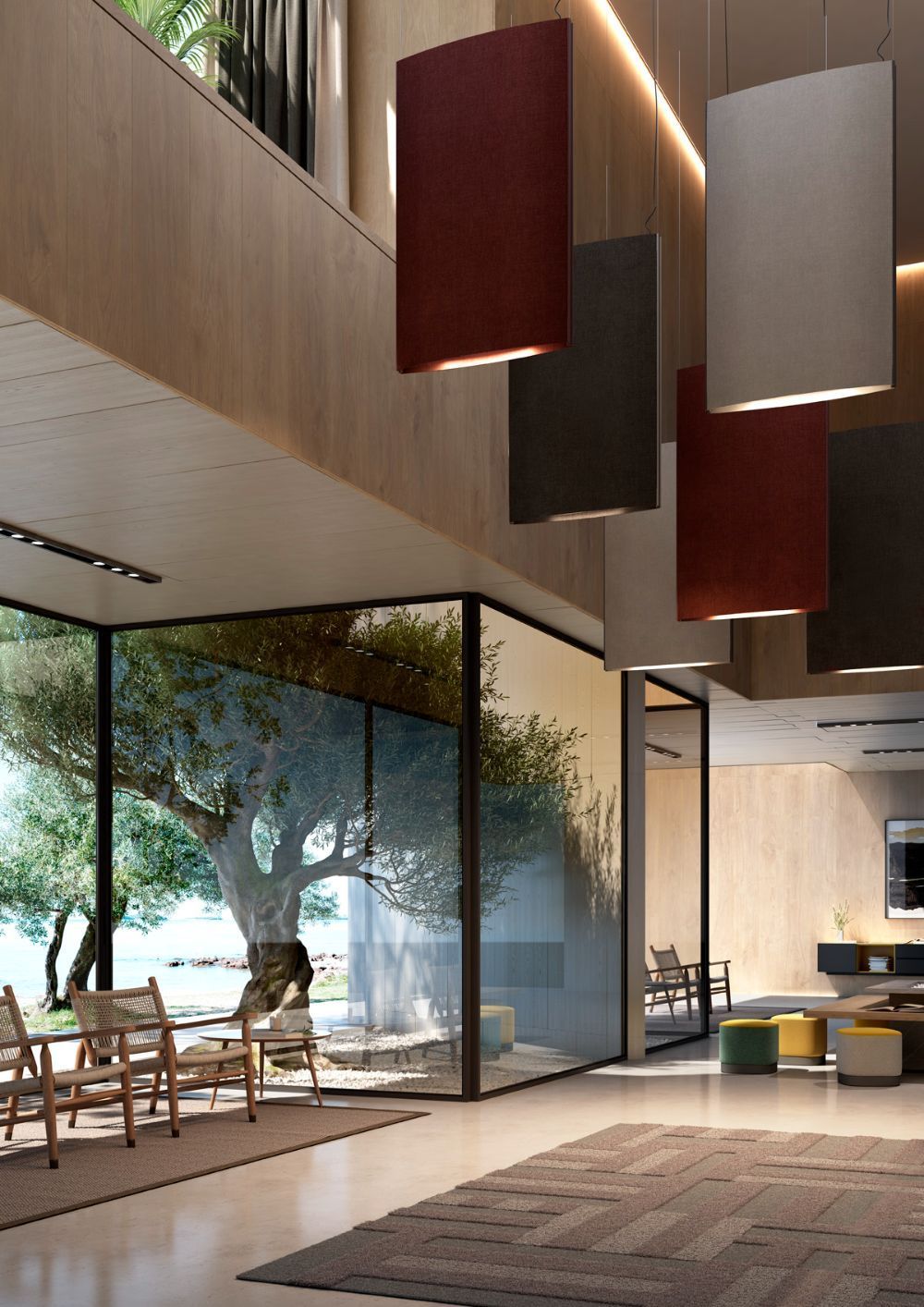 Akustyczna, pionowa lampa wisząca Noren S/72 w jasnym szarym kolorze