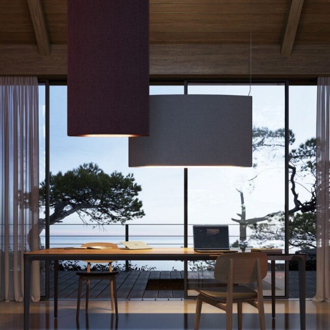 Akustyczna lampa wisząca Noren S/72 w kolorze terracota o pionowym kształcie