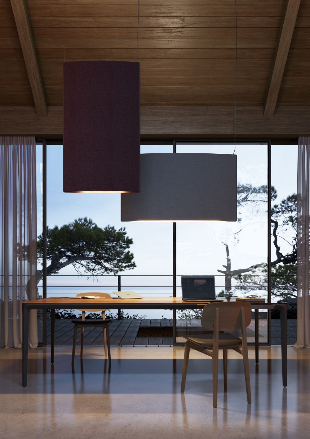 Akustyczna lampa wisząca Noren S/72 w kolorze terracota o pionowym kształcie