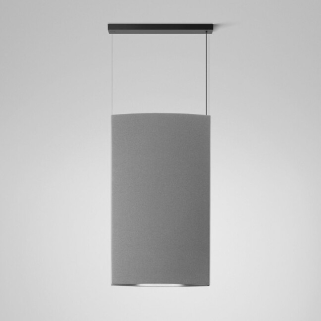 Szara wisząca lampa akustyczna Noren S/72 o pionowej konstrukcji z oświetleniem góra-dół
