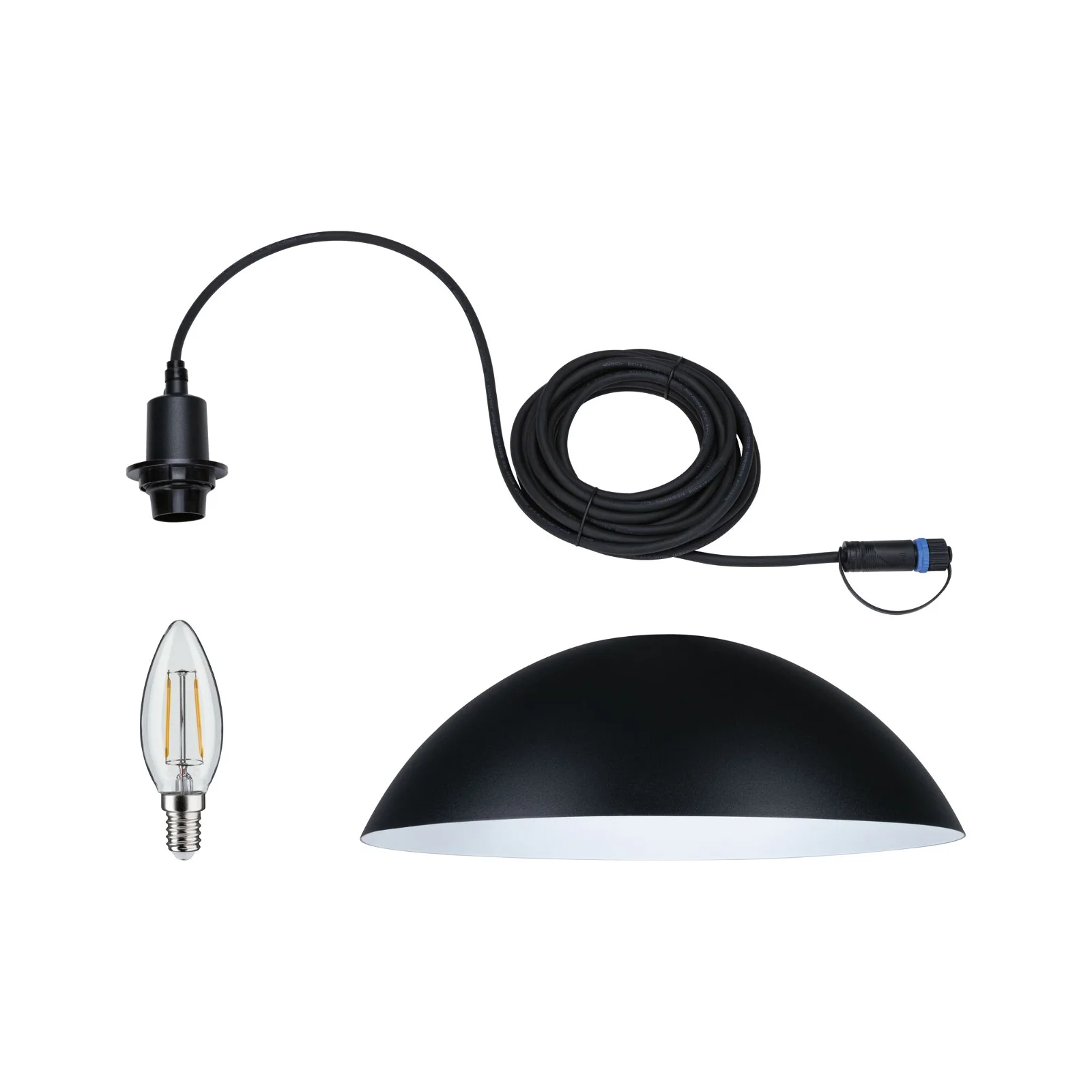 Wisząca lampa Mapalo Plug&Shine o klasie ochrony IP44, idealna na taras