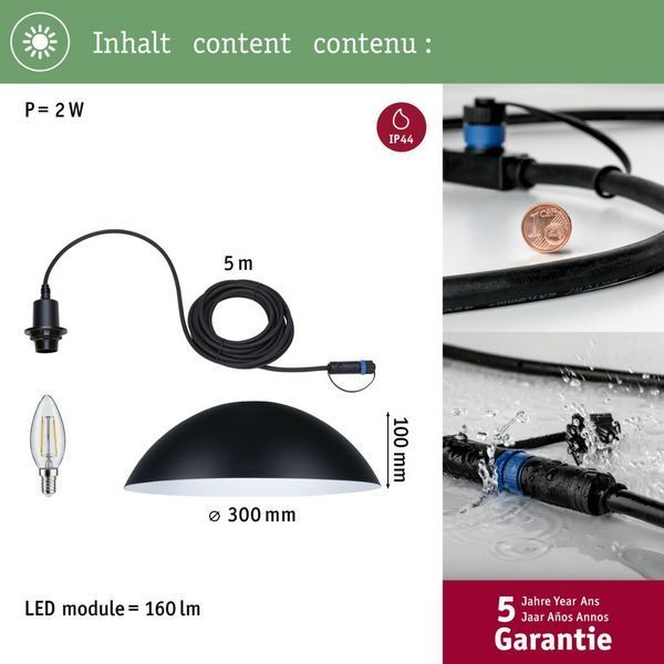 Wisząca lampa Mapalo Plug&Shine o klasie ochrony IP44, idealna na taras