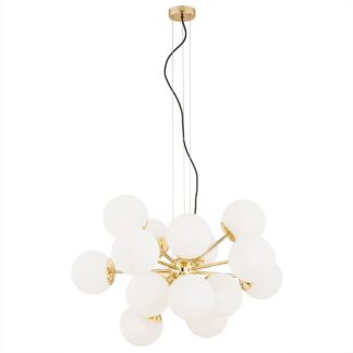 Złoty żyrandol Satelite Plus z kloszami w mlecznym odcieniu