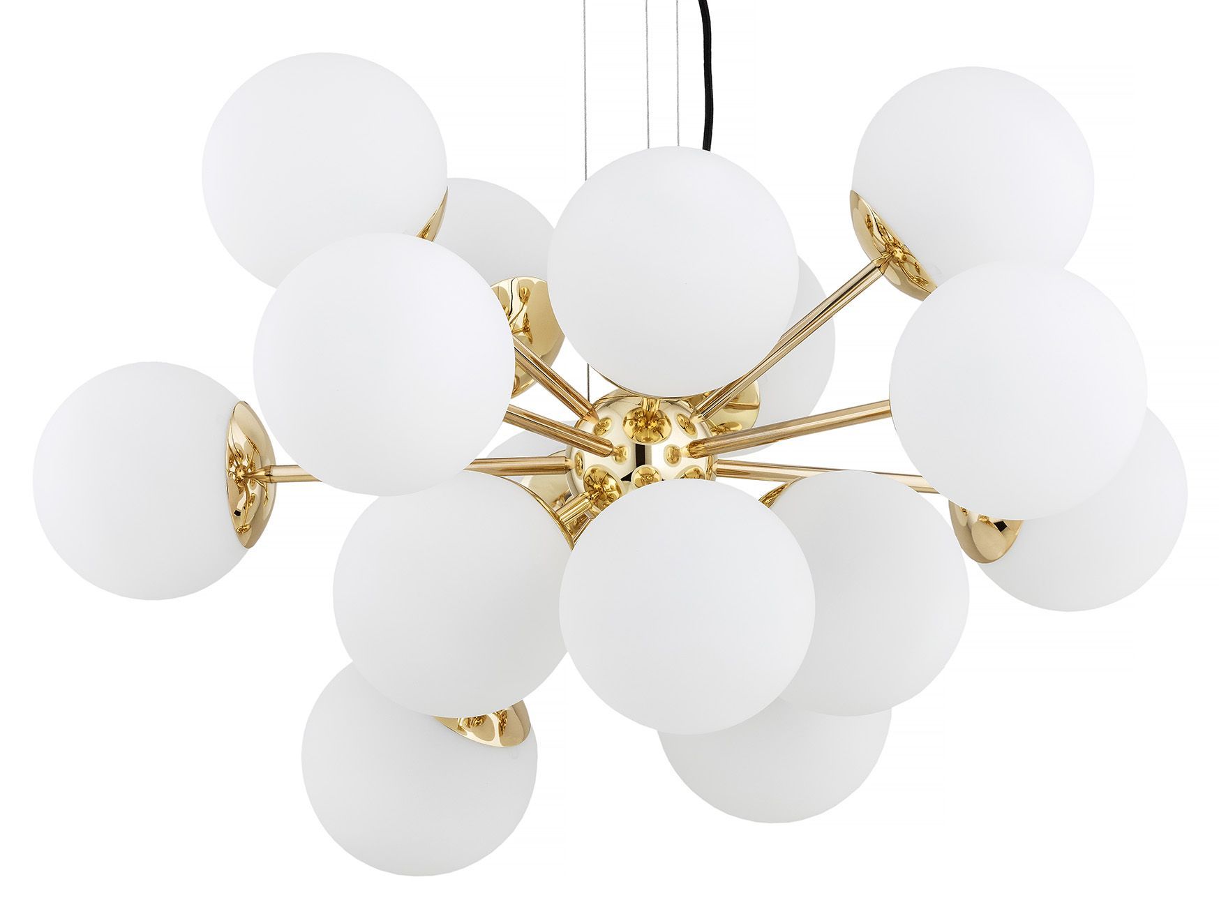 Złoty żyrandol Satelite Plus z kloszami w mlecznym odcieniu