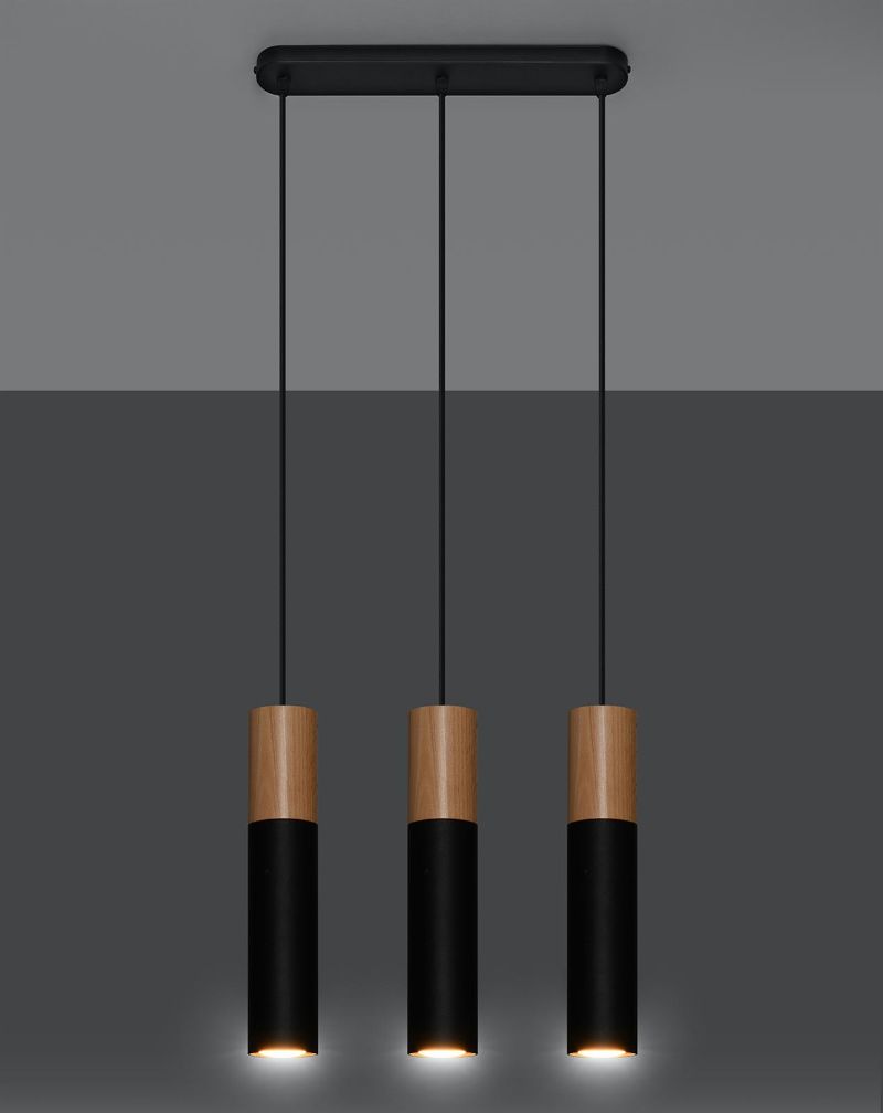 Wisząca lampa Pablo z trzema źródłami światła, wykonana z naturalnego drewna