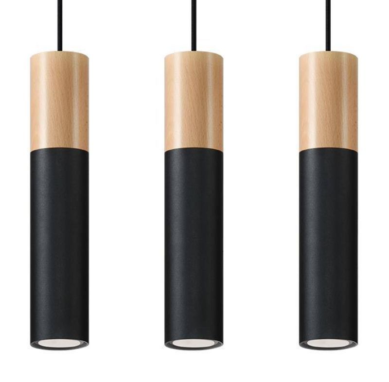 Wisząca lampa Pablo z trzema źródłami światła, wykonana z naturalnego drewna