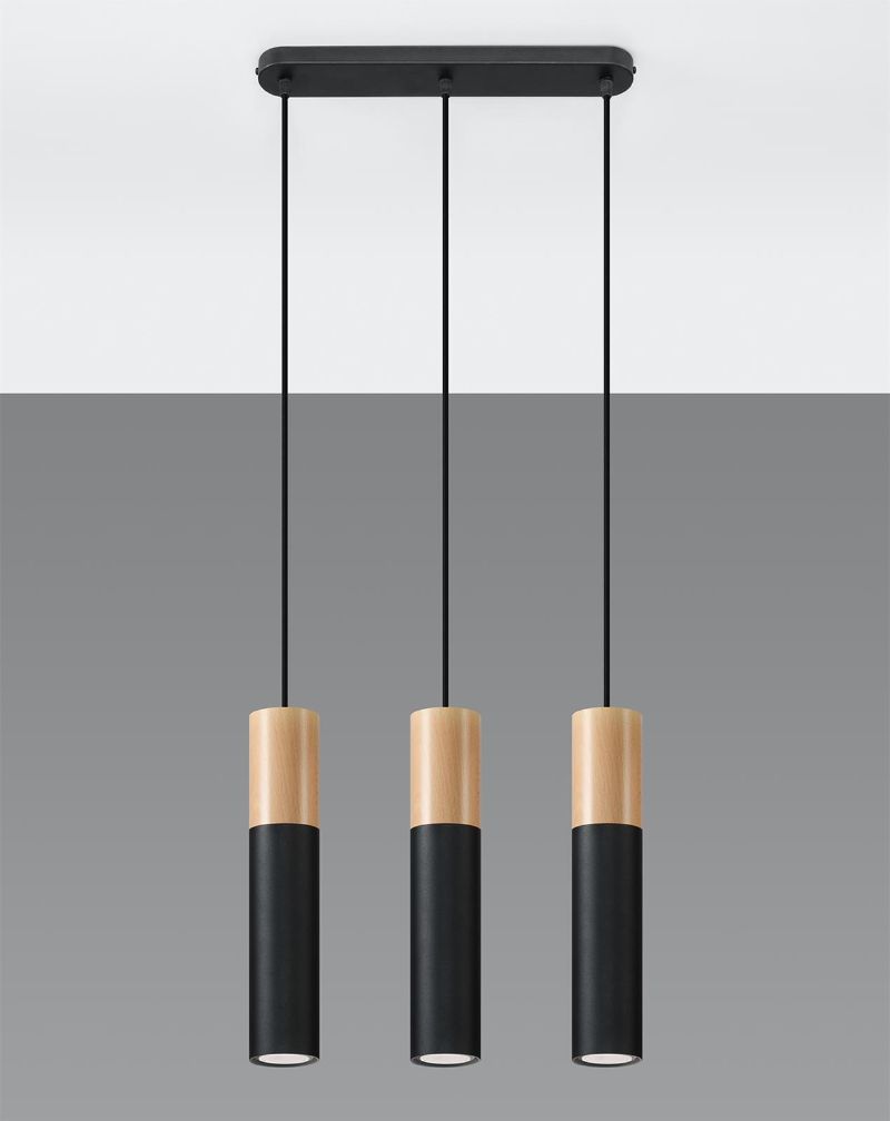 Wisząca lampa Pablo z trzema źródłami światła, wykonana z naturalnego drewna