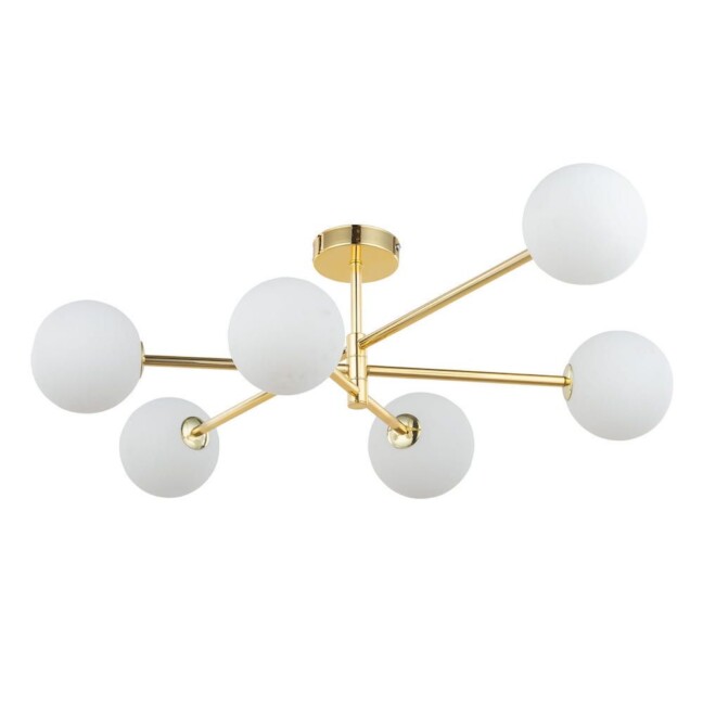 Elegancka lampa sufitowa Sarius Gold ze złotą konstrukcją i sześcioma białymi kulistymi kloszami na prętach.