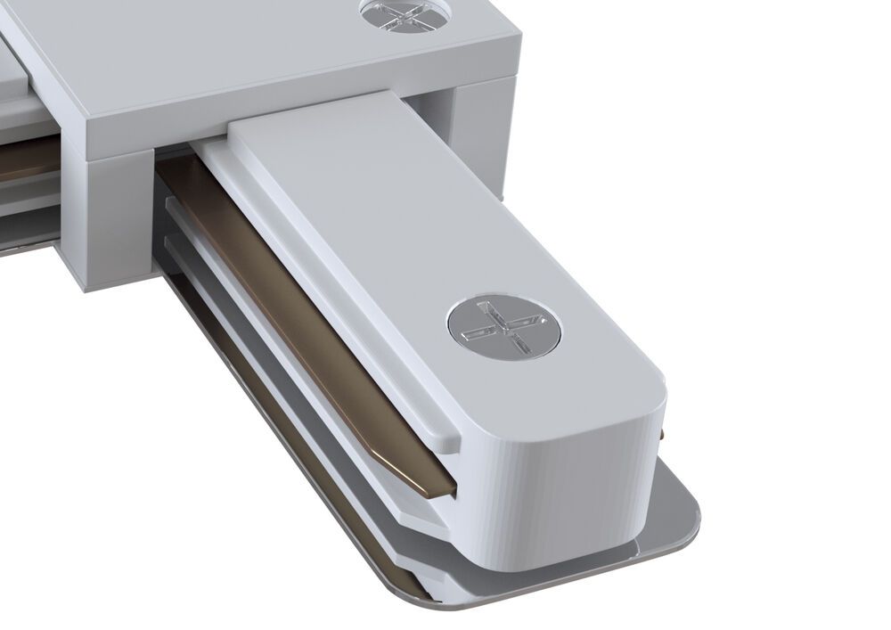 Biały łącznik „L” do systemu szynowego Unity