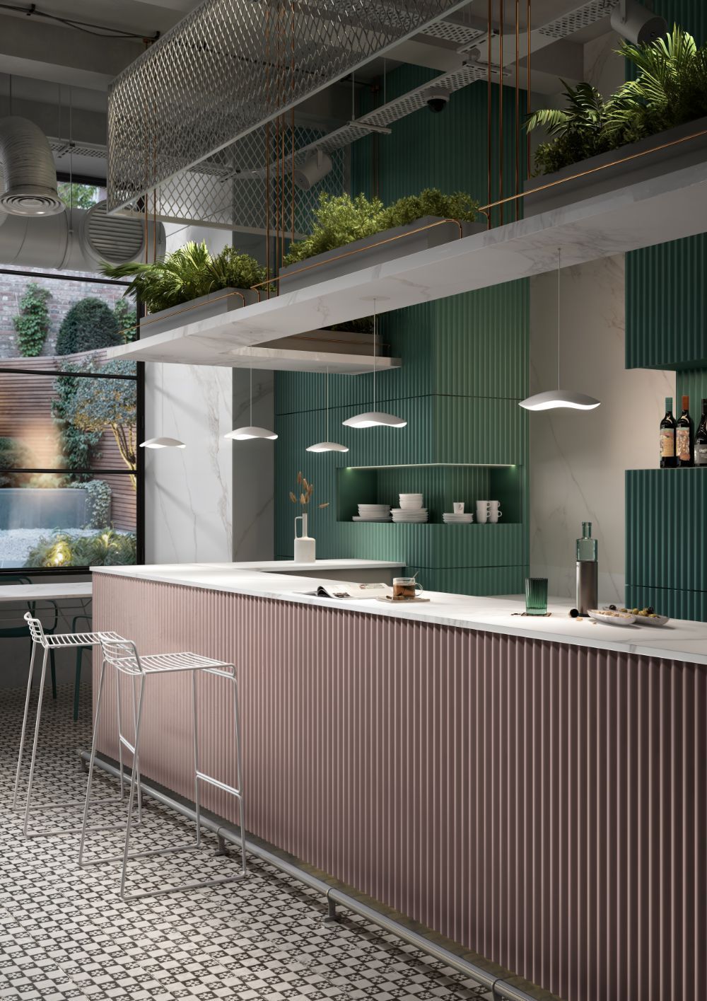 Szara wisząca lampa Valentina S/24 z białym wnętrzem