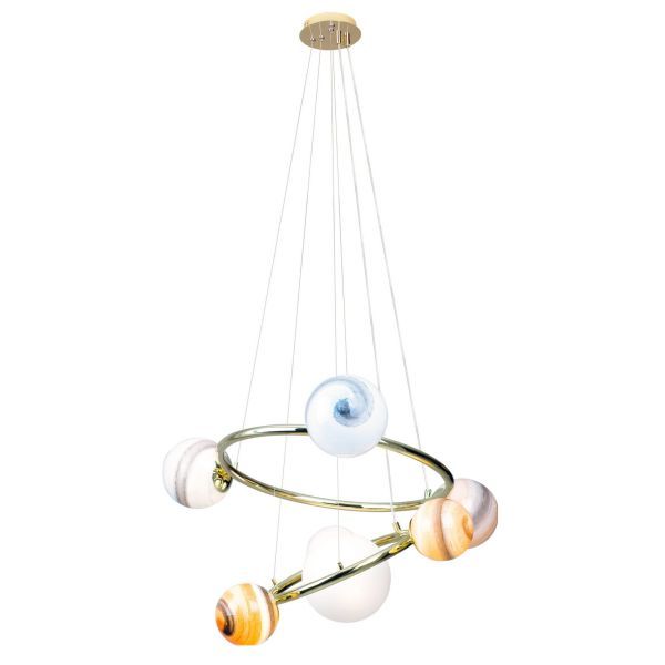 Wisząca lampa Kosmos z złotą oprawą i szklanymi kloszami