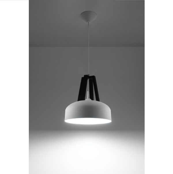 Biała lampa wisząca Casco z drewnianymi akcentami