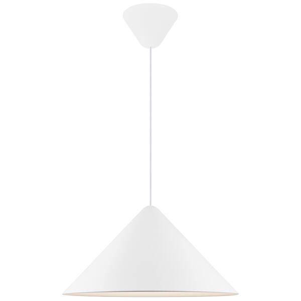 Biała wisząca lampa Nono 49 w stylu japandi od DFTP z dużym, szerokim kloszem