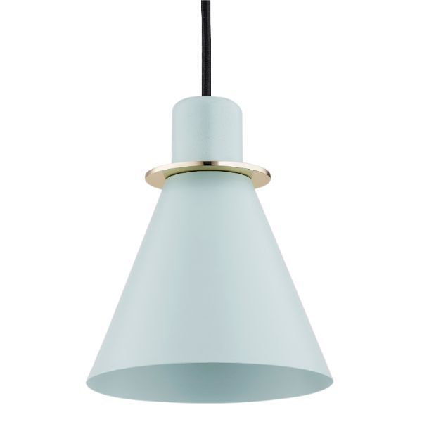 Błękitna lampa wisząca Beverly w kształcie stożka z eleganckimi złotymi akcentami