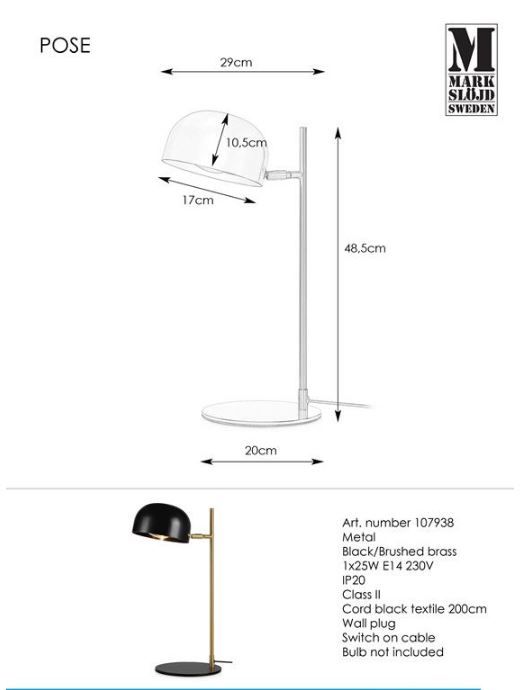 Czarna lampa biurkowa Pose z złotym ramieniem