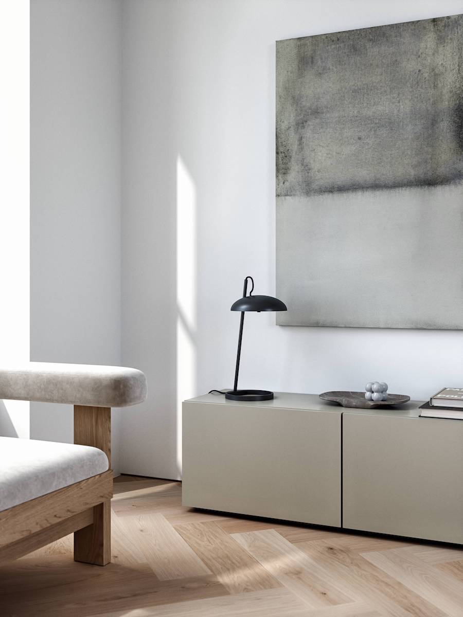 Czarna stołowa lampa Versale od DFTP z okrągłym kloszem