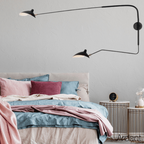 Czarny metalowy podwójny kinkiet Crane do sypialni