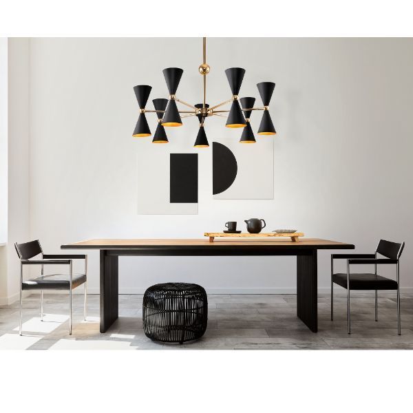 Czarny żyrandol Vesper 14 z otwartymi kloszami i złotym wnętrzem