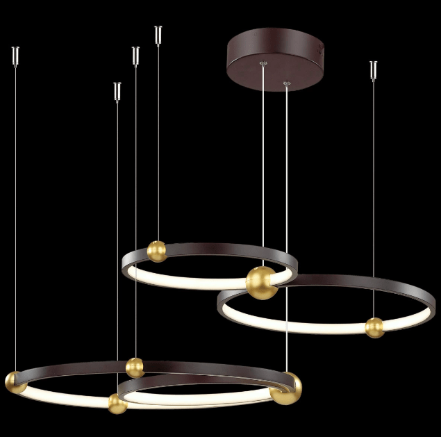 Duża wisząca lampa Aurora z ledowymi ringami w czarno-złotej kolorystyce