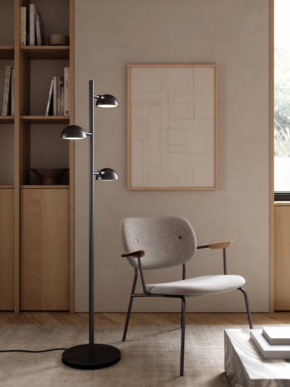 Elegancka lampa podłogowa Nomi z trzema czarnymi kloszami