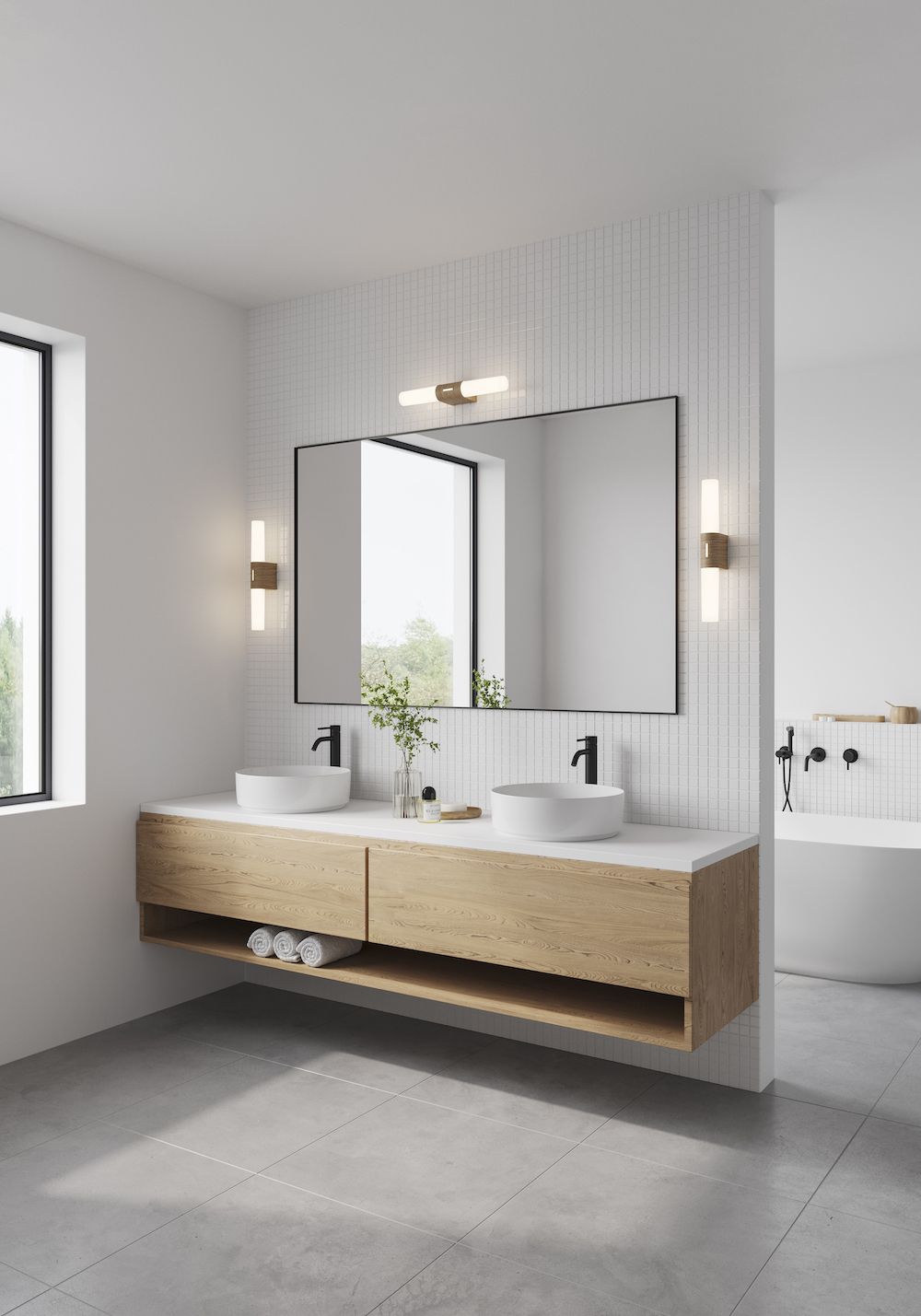 Kinkiet Helva Double Basic - IP44 z dekoracyjnym akcentem w efekcie drewna