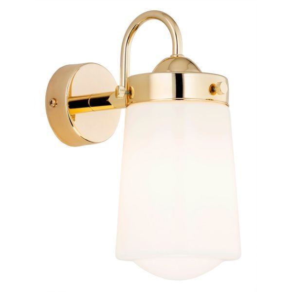 Klasyczny złoty kinkiet Pasadena z mlecznym kloszem na okrągłej podstawie. Elegancka lampa ścienna z mosiężnym wykończeniem zapewniająca rozproszone, przytulne światło. Stylowe oświetlenie do sypialni i łazienek.