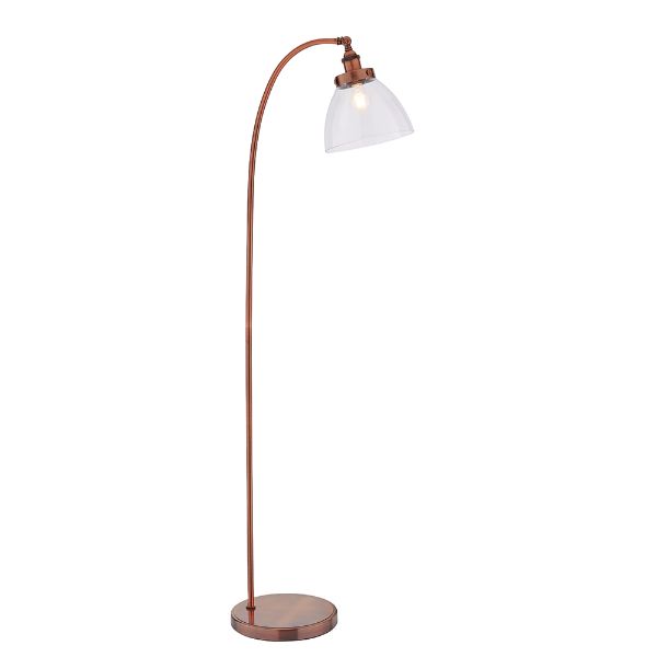 Miedziana lampa podłogowa Hansen ze szklanym kloszem